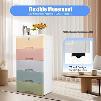 Plastic Dresser for Bedroom with 5 Drawers,Stackable Vertical Storage Tower, Small Dresser Chest of Drawers, Mobile Drawer Storage Cabinet with Wheels for Hallway Entryway,Bedroom Furniture (Macaron)