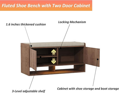 HOMEFORT 39.4" Fluted Shoe Storage Bench, Entryway Bench with Linen Seat Cushion, Shoe Cabinet Bench with Adjustable Shelf and Built-in LED Sensor Light, Bench for Bedroom End of Bed,Walnut