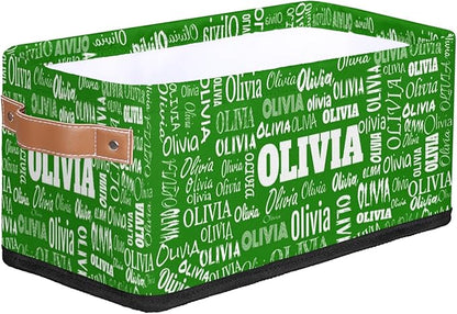 Custom Narrow Storage Basket Name, Personalized Organizer Bin for Toys, Books, Clothes, Organizing Small Storage Basket for Bedroom Nursery Livingroom Entryway. Forest Green