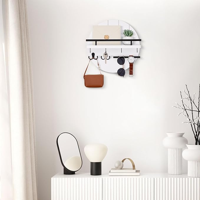 Nekon Rustic Wall Mount Key Organizer, 11.8 Inch Rack with Shelf and 6 Hooks, Circular Wooden Key Hanger for Entryway Hallway Kitchen (White)