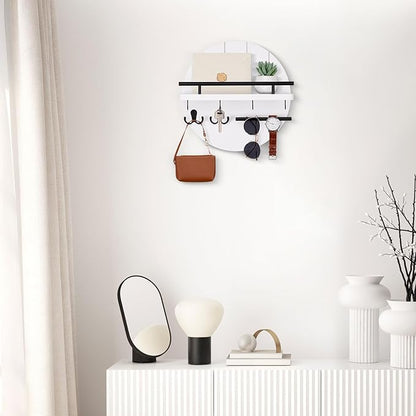 Nekon Rustic Wall Mount Key Organizer, 11.8 Inch Rack with Shelf and 6 Hooks, Circular Wooden Key Hanger for Entryway Hallway Kitchen (White)