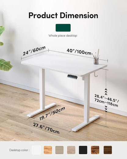 FEZIBO One-Piece Standing Desk Adjustable Height Stand up Home Office Desk, 40x24 Inch Electric Standing Computer Desk, with 4 Memory Presets, Headphone Hook, White