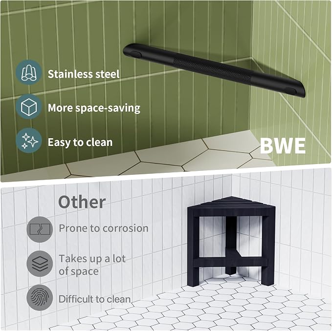 BWE Matte Black Shower Foot Rest Bar, Stainless Steel Bar Corner Shower Foot Rest for Shaving Legs, Non-Slip Knurled Shower Step, Wall Mounted Bathroom Shower Shaving Foot Rest