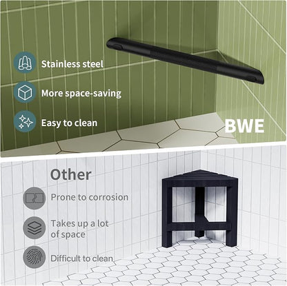 BWE Matte Black Shower Foot Rest Bar, Stainless Steel Bar Corner Shower Foot Rest for Shaving Legs, Non-Slip Knurled Shower Step, Wall Mounted Bathroom Shower Shaving Foot Rest