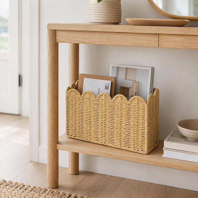 Paper Rope Magazine Holder for Floor with Scalloped Edge, Tall Narrow Wicker Magazine Basket – Book Basket, File Holder & Mail Basket for Living Room, Office & Bedroom