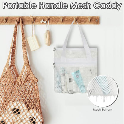 GYEUKHAM Portable Mesh Shower Caddy with 2 Zipper Pockets & Dual Handles, Quick-Drying Hanging Shower Tote for College Dorm, Gym, Travel & Camping, White