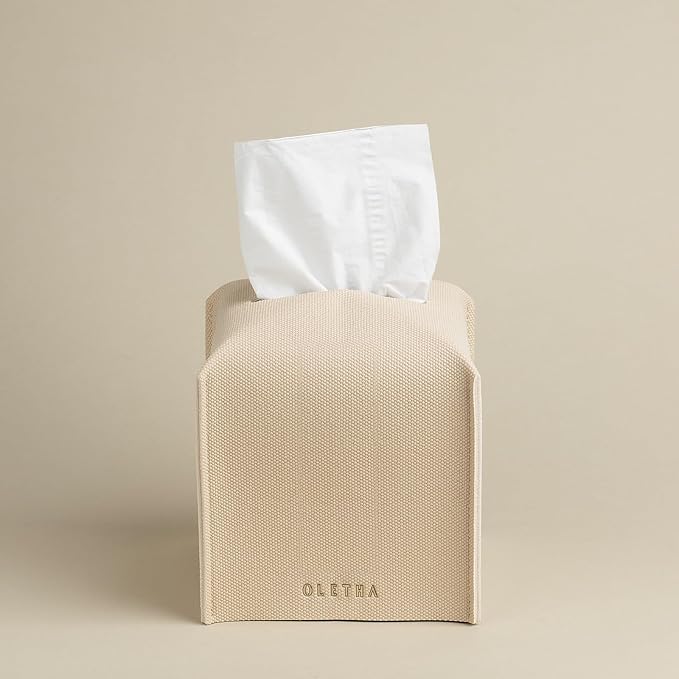 OLETHA Square Tissue Box Cover - Aesthetic Modern Farmhouse Decor for Room, Home & Office - Tissues Cube Boxes Holder - Canvas Grain, Greige