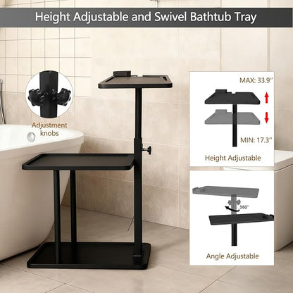 3 Layer Bathtub Tray Table,Bamboo Swivel Bathtub Side Table Height Adjustable,Freestanding Bathtub Tray for Tub Against Wall,Bathtub Accessories&Bathroom Organizer for Luxury Home Spa (Black1)