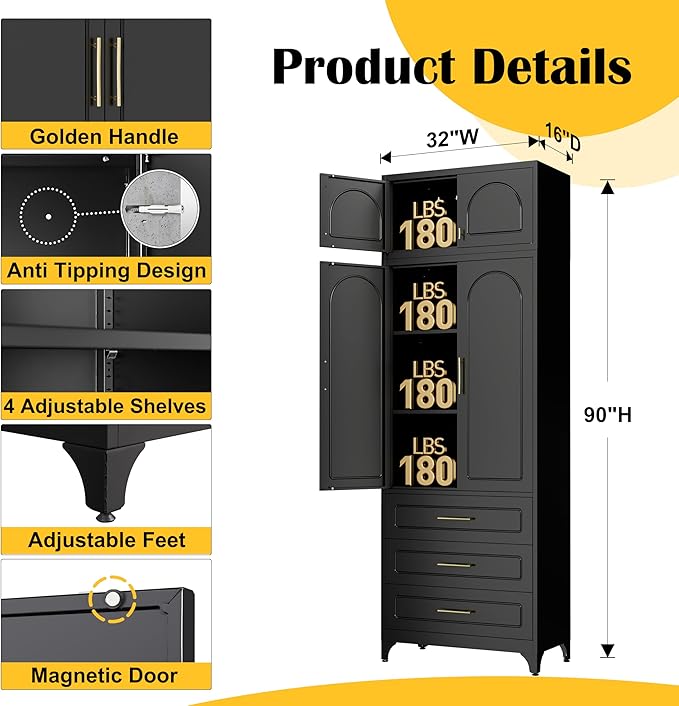 Kitchen Pantry Cabinet，90" Storage Cabinets with Doors and Shelves,Metal Pantry Cabinet with 3 Drawers,Black Kitchen Cupboard for Livingroom,Pantry, Bathroom