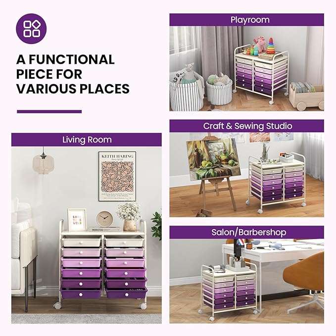Giantex 12 Drawers Rolling Cart, Mobile Storage Drawer Cart, Classroom Organizer Cart for Office School Supplies Tools Scrapbook Paper Craft Small Printer, Utility Cart on Wheels, Purple Gradient