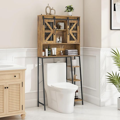 Vabches Over The Toilet Storage Cabinet, Farmhouse Storage Cabinet Over Toilet with Sliding Barn Door，Home Space-Saving Toilet Rack, for Bathroom, Restroom, Laundry，Brown