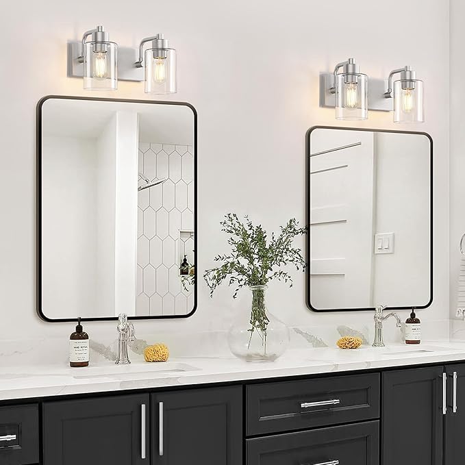 Brushed Nickel Bathroom Light Fixtures, Wall Mounted 2-Light Bathroom Lights Over Mirror with Clear Glass Shade,Wall Sconces for Kitchen Living Room Bedroom