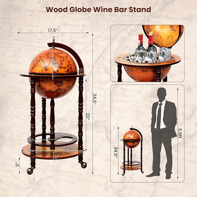 LDAILY 17.5’’ Wood Globe Bar, 16th Century Italian Replica Vintage Bar Cart with Wheels, Wine Cabinet with Liquor Storage, Bottom Shelf & Old World Map, Round Bar Cart for Home (Retro Brown)