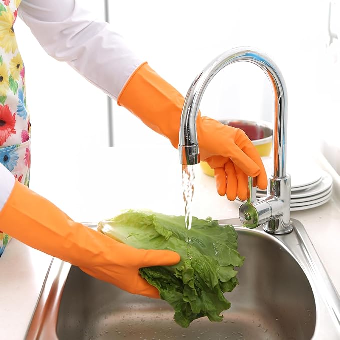 Bamllum 3 Pairs Rubber Cleaning Gloves for Household - Reusable Dishwashing Gloves for Kitchen, Flexible Long-lasting & Waterproof (Medium, Green+Red+Orange)