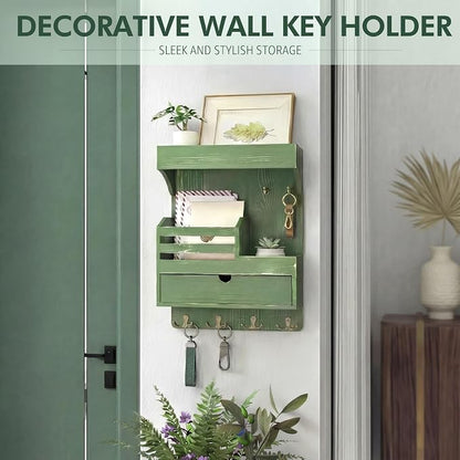Rebee Vision Pine Wood Key Holder Wall Mount with Small Drawer Organizer - Farmhouse Key Holder for Wall with 6 Sturdy Hooks & Floating Shelf - Perfect for Room Decor (Green)