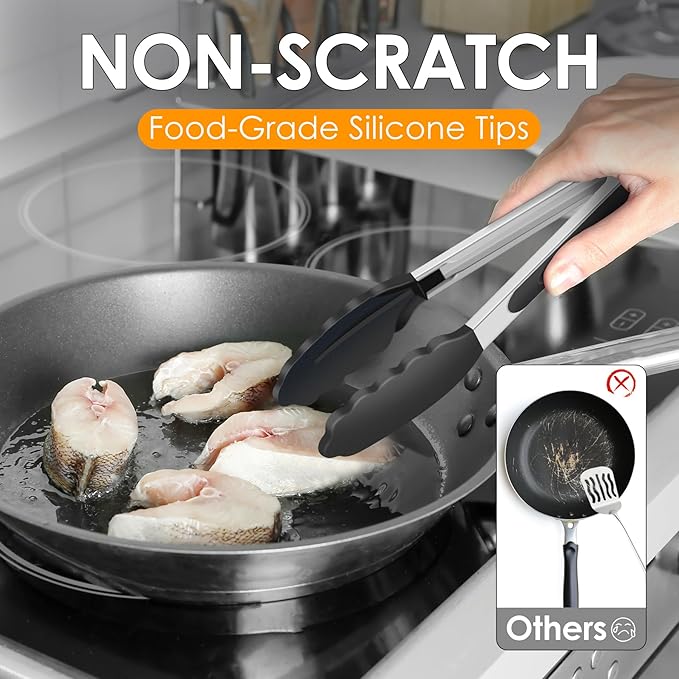 HOTEC Premium Kitchen Tongs, 7 & 9 Inch, Stainless Steel, Black, Set of 2 | Silicone Tips, Durable Spring Locking Mechanism, Non-Scratch & Heat Resistant, For Salad, BBQ, Serving