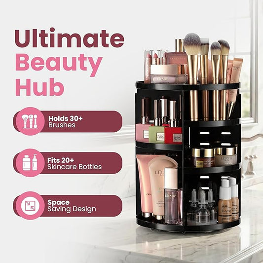 360 Rotating Makeup Organizer - Adjustable Shelf Height and Fully Rotatable. The Perfect Cosmetic Organizer for Bedroom Dresser or Vanity Countertop. (Black)