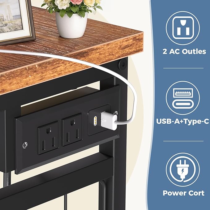 OLIXIS 6 Storage for Bedroom with Hanging Rack with LED Lights & Charging Station, Fabric Chest of Storage with Rack, Wooden Top, for Home Living Room Entryway Oak Greige