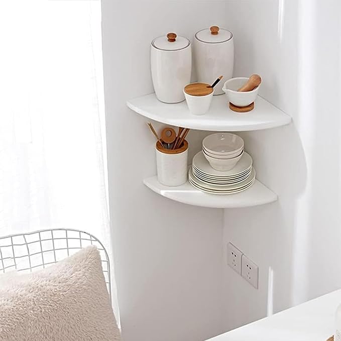 Conamily Corner Shelves, Floating Corner Shelf, Set of 2 White Solid Oak Wood Wall Shelves, Round End Wall Mount with Wire Hole Shelving for Small Plant for Bedroom Kitchen, Living Room 8.7"