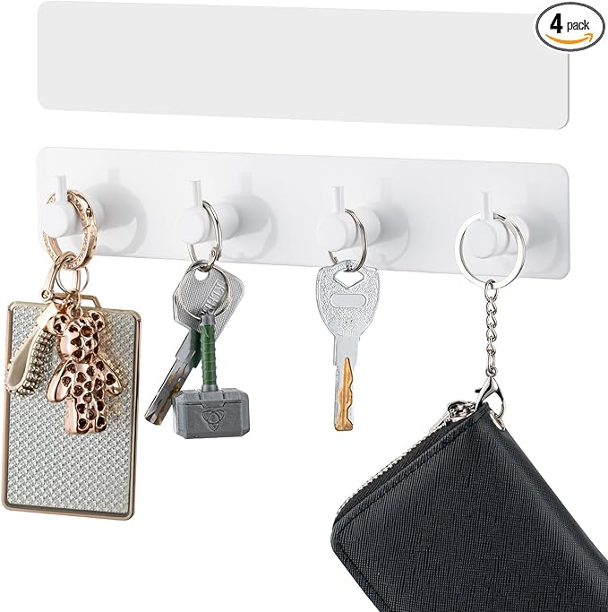 Key Holder with 4 Hooks,Key Hanger Organizer for Wall Mount with 2 Self-Adhesive Tapes,Metal Key Rack for Entryway, Door, Bathroom, Kitchen(White)
