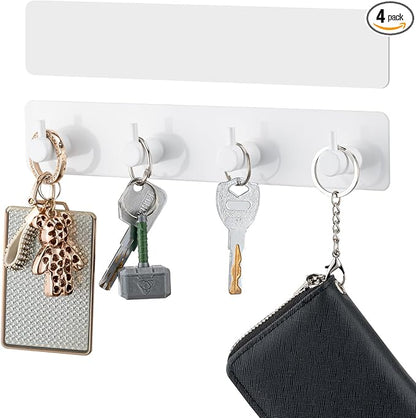 Key Holder with 4 Hooks,Key Hanger Organizer for Wall Mount with 2 Self-Adhesive Tapes,Metal Key Rack for Entryway, Door, Bathroom, Kitchen(White)
