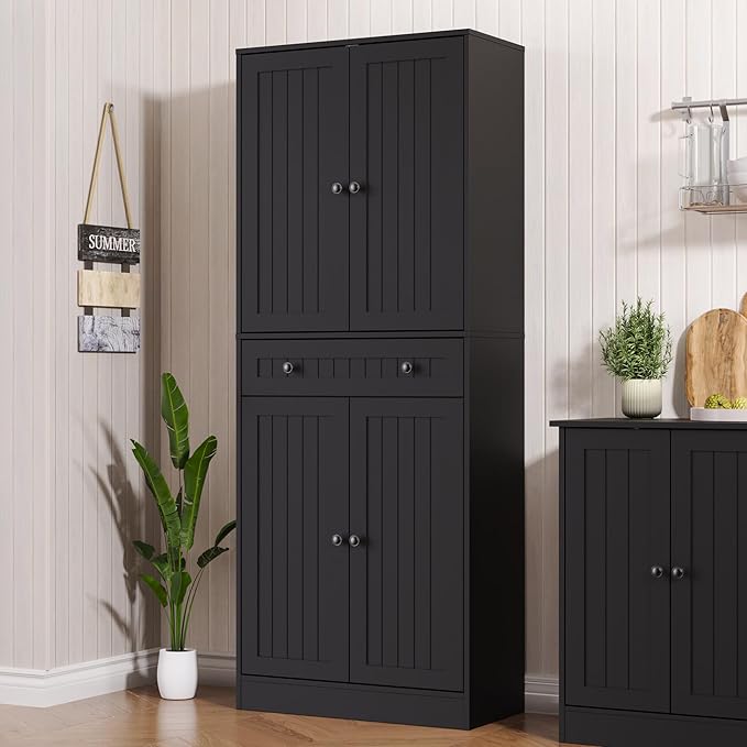 Kitchen Pantry Storage Cabinet, 71" H Farmhouse Pantry Cabinet with 4 Doors & Drawer, Freestanding Cupboard with Adjustable Shelves, Rustic Wood Cupboard for Kitchen, Dining Room, Black