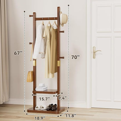 Coat Rack Freestanding Clothing Rack with 2 Shelves Storage & 5 Hooks Heavy Duty Clothes Rack Wood Coat Tree Stand Hat Hanger Rack (Walnut Brown, 18.9" x 11.8" x 70" (No Wheels))