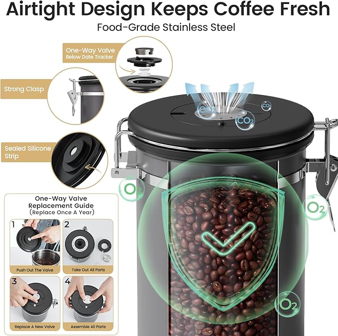 Veken Coffee Canister with Window,Airtight Stainless Steel Kitchen Food Storage Container, Date Tracker & Scoop for Grounds Coffee, Beans, Tea, Flour, Cereal,Sugar,22OZ,Grey