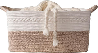 Decorative laundry basket with handles woven from natural cotton rope storage blankets for living room cute boho quilted gift baskets for clothes pillows toys 20"x14"x10",white/brown