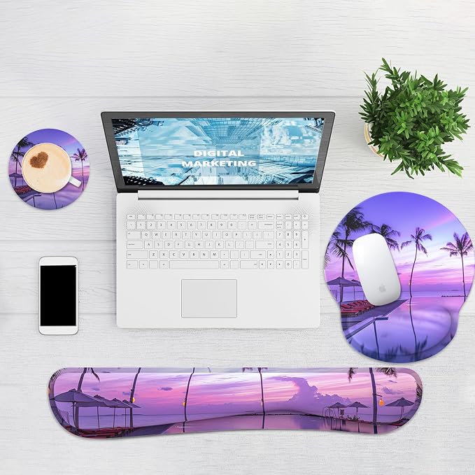 Ergonomic Mouse Pad with Wrist Rest and Keyboard Wrist Rest, Mousepad and Keyboard Pad, Non-Slip Rubber Base, Pain Relief, Mouse Pad Wrist Support for Gaming, Computer, Office, Home, Purple Beach