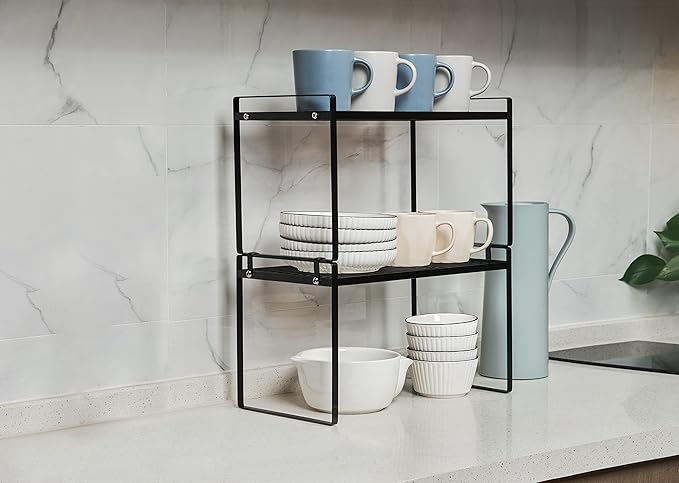 Shantton 2Pack Cabinet Shelf Organizer Storage Rack Space Saving for Kitchen Counter Pantry Bathroom Cupboard Under Sink Office Table Steel Stackable Rust Resistant Heavy Duty Nonslip 16” Black - Tall