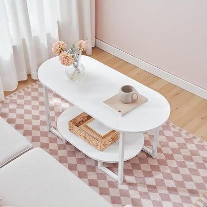 HOOBRO Coffee Table for Living Room, Oval Small Coffee Table with 2-Tier Open Storage Shelf, Industrial Cocktail Tea Table, Wooden Desktop Center Table, Farmhouse, Home Office, White WW09KF01