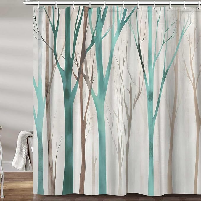 MERCHR Brown Teal Tree Fabric Shower Curtain, Art Style Abstract Birch Forest Rustic Wood Polyester Fabric Waterproof Bath Curtain, Farmhouse Bathroom Shower Curtains with Hooks 47X64 Inch