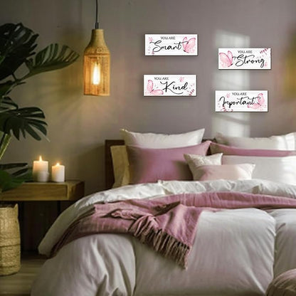 DONFENTHY 4 Pcs Butterfly Wall Decor Pink Room Decor Wooden Positive Butterfly Decor with Inspirational Word Sign for Teen Girls Women Room Bathroom Bedroom Office(Pink,10x4 Inch)