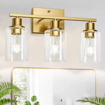 3-Light Bathroom Light Fixtures, Vanity Light with Clear Glass Shades, Brushed Gold Bathroom Light Fixtures Over Mirror, Modern Bathroom Wall Lamp for Mirror Living Room Cabinet Bedroom