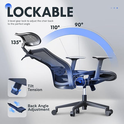 FLEXISPOT OC3 Air Ergonomic Office Chair Mesh Back Swivel Computer Chair Executive Office Desk Chairs with Adjustable Lumbar Support/2D Headrest/Lockable Backrest, Mesh Seat Cushion, Black