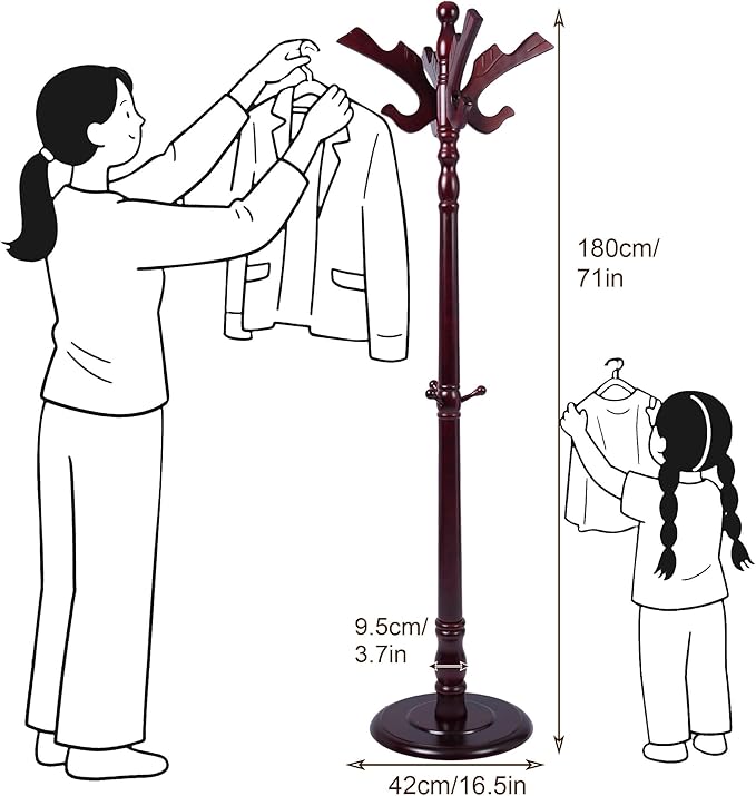 Wooden Coat Rack Freestanding with 11 Hooks Bird Style, 71'' Vintage Coat Racks Tree, Adjustable Height, Coat Hanger Stand with Sturdy Base, Coat Tree Hats Hanger for Living Room, Bedroom, Entryway