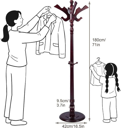 Wooden Coat Rack Freestanding with 11 Hooks Bird Style, 71'' Vintage Coat Racks Tree, Adjustable Height, Coat Hanger Stand with Sturdy Base, Coat Tree Hats Hanger for Living Room, Bedroom, Entryway