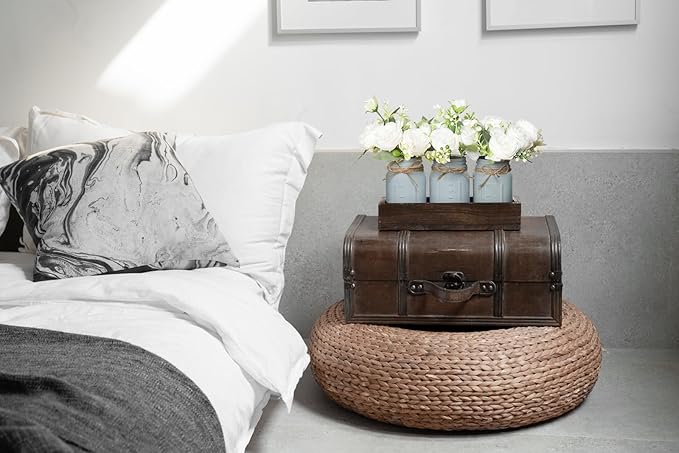 Mkono Mason Jar Table Centerpiece Decorative Wood Tray with 3 Painted Jars Artificial Flowers Rustic Country Farmhouse Decoration for Coffee Table Dining Room Living Room Kitchen (Peony)