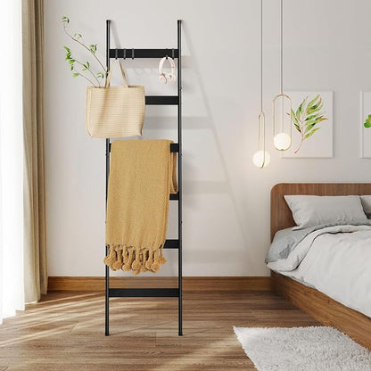 ELYKEN Blanket Ladder for Living Room, Farmhouse 6-Tier Quilt Holder with 4 Removable Hooks for Bathroom, Wood Towel Rack Display, Wall Anchor Leaning Decorative Stand for Home, Black