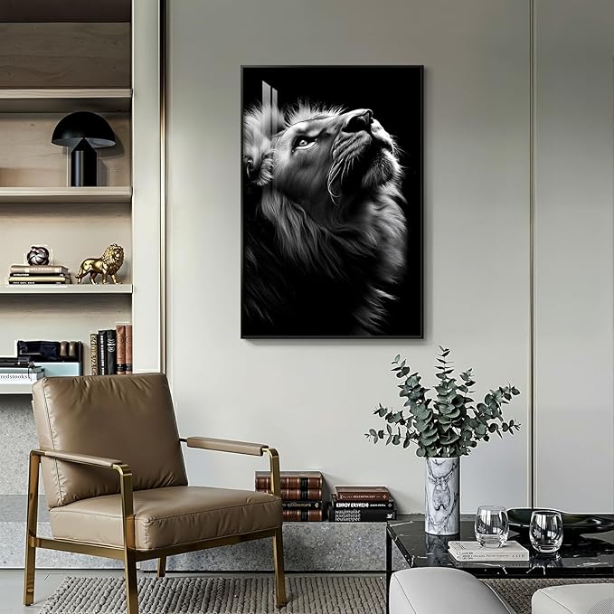 Framed Black and Gray Modern Wall Art, Contemporary Animal Portrait Prints Paintings Artwork for Walls, Minimalist Masculine Lion Pictures for Living Room Dining Bedroom Hallway Wall Decor 24x36 In