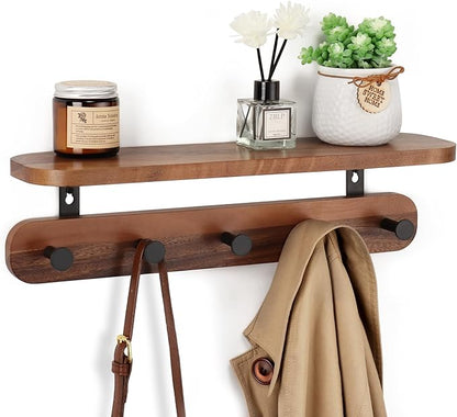 Coat Rack Wall Mount with Shelf, 17" Walnut Wood Wall Shelf with Hooks, Entryway Floating Shelves with 5 Metal Hangers for Coats, Backpacks, Living Room, Bedroom, Bathroom