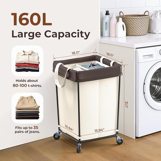 160L Rolling Laundry Basket with Wheels, 2-Section Rolling Laundry Hamper with Wheels, Double Laundry Hampers Cart on Wheels for Clothing Organizer, Hotel, Bedroom, Bathroom and Dorm, Beige