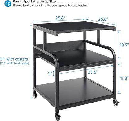 Fannova 25.6" x 23.6" Extra Large Printer Stand Table with Adjustable Storage Shelf, 3 Tier Rolling Printer Cart with Industrial Wheels for Home Office, Black