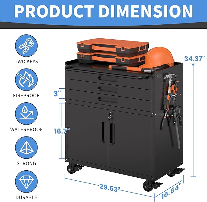 Metal Garage Storage Cabinet with Wheels, Rolling Tool Cabinet with 3 Drawers and 2 Doors, Heavy Duty Tool Cabinet with Workbench, Assembly Required, Black