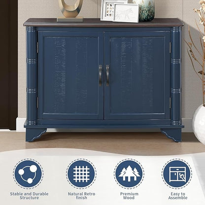 HMFULE 40" Sideboard Buffet Storage Cabinet, Retro Console Table with Solid Wood Feet Adjustable Shelf & 2 Doors for Kitchen Dining Room Living Room (Navy Blue)