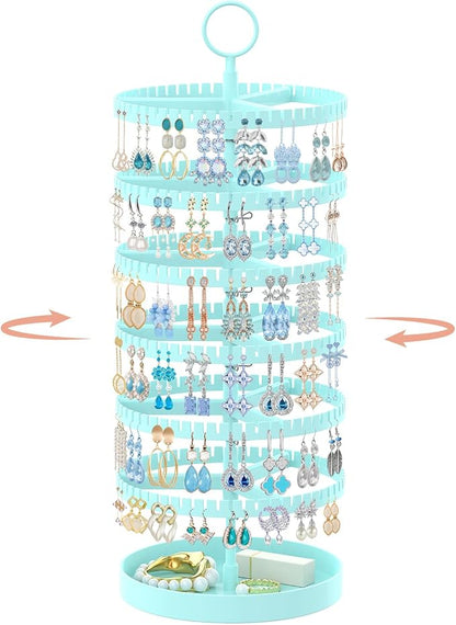 iDavosic.ly 6 Tier Rotating Earring Holder Organizer with Metal Tray, Adjustable Plastic Dangle Display Stands Tree with 342 Grooves, Large Hoop Storage Rack Tower, Blue