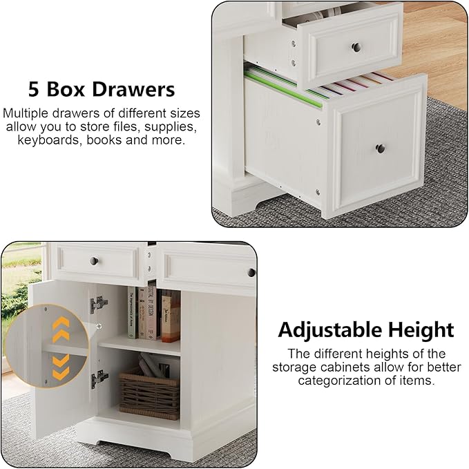 Vipbear 60" Farmhouse Executive Desk with Drawers and Cabinet, Embossed Texture Wood Home Office Desk, Rustic Computer Writing Desk, Workspace for Work Study Writing, White