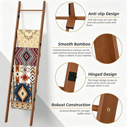 BAMBANG 6-Tier Blanket Ladder for Living Room, Blanket Quilt Ladder Rack Rustic Decorative Towel Holder, Wall Leaning Blanket Ladder Shelf Storage Farmhouse Decor for Bedroom Bathroom, Tea Brown