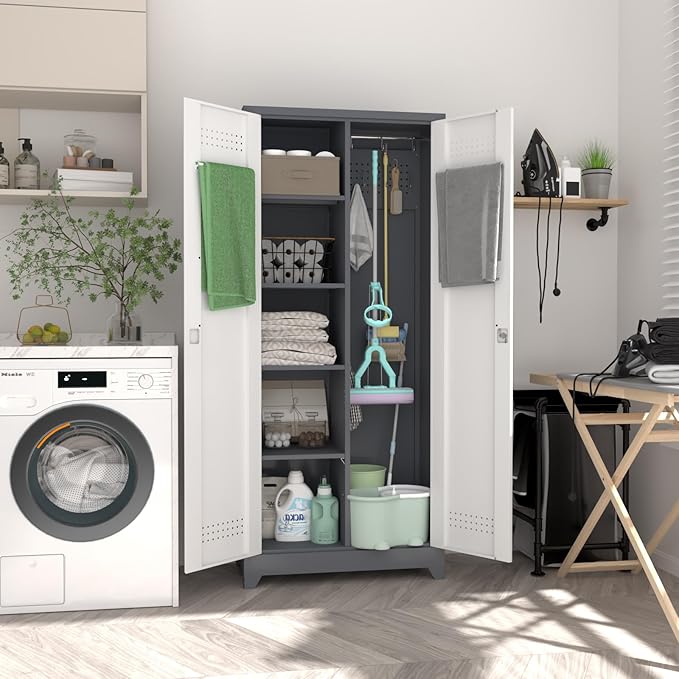 Metal Storage Cabinet,Broom Closet Storage Cabinet with Adjustable Shelves,Tall Utility Cabinet with Pegboard,Locking Storage Cabinets for Garage,Laundry,Basement,Grey-White